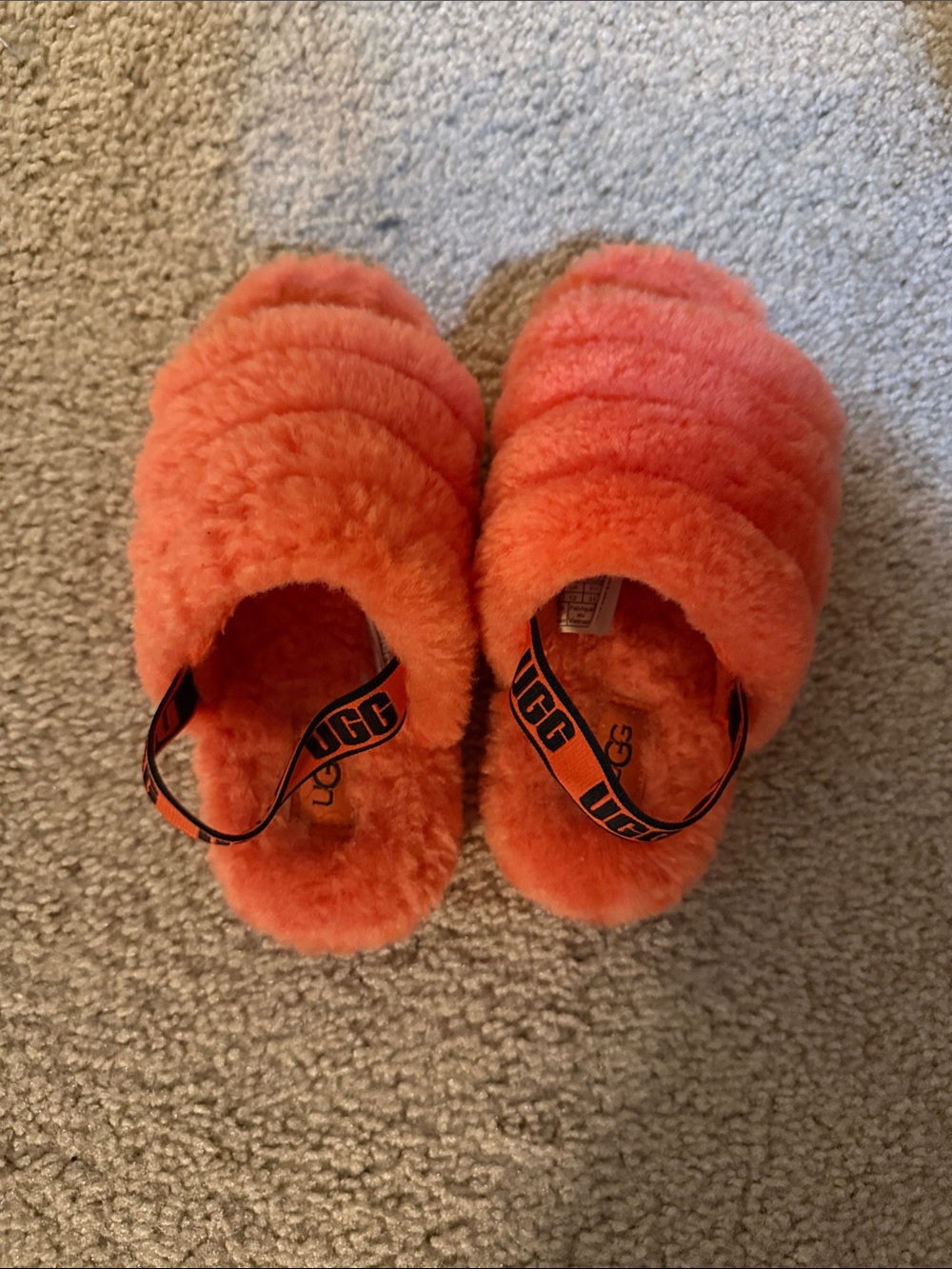 UGG Kids Coral Orange Fluff Slide with Branded Heel Strap